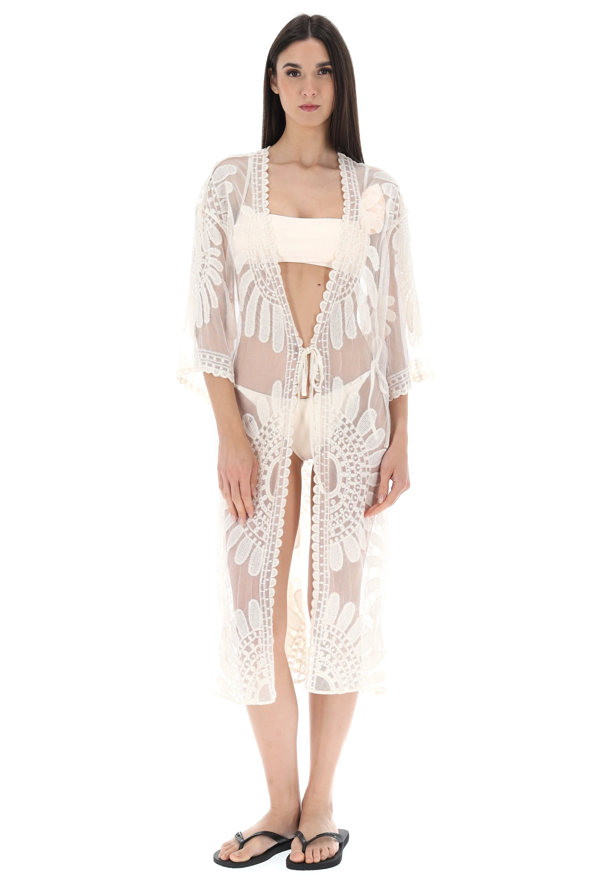 Kimono lungo copricostume Hat You in tulle e pizzo